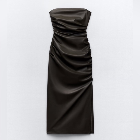 Sale pending. Zara Khaki Strapless Faux Leather Dress 8423/872 - Picture 5 of 8